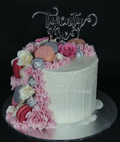 21st Rose and Macaron Drip Cake - Cake by Cakes by Vivienne
