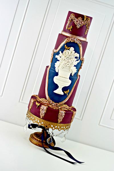 Burgundy, Navy, Gold Bas Relief Wedding Cake - Cake by PrimaCristina