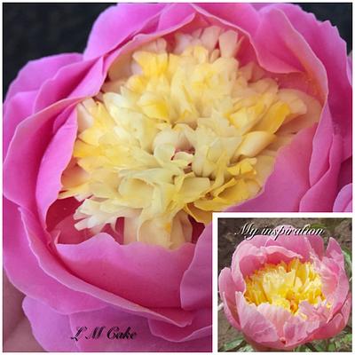 Sugar peony on left with real peony on bottom right  - Cake by Lisa Templeton