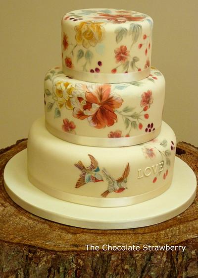 Vintage theme hand-painted wedding cake with birds - Cake by Sarah Jones