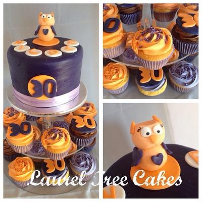 Purple and Orange Cake and Cupcake Tower - Cake by Laurel Tree Cakes