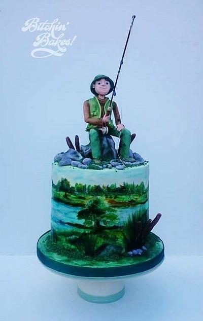 Handpainted fishing cake  - Cake by Sharon Fitzgerald @ Bitchin' Bakes