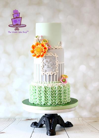 MINT & GREY with Harlequin Mix Dahlia & V-Petal Ruffles - Cake by Violet - The Violet Cake Shop™