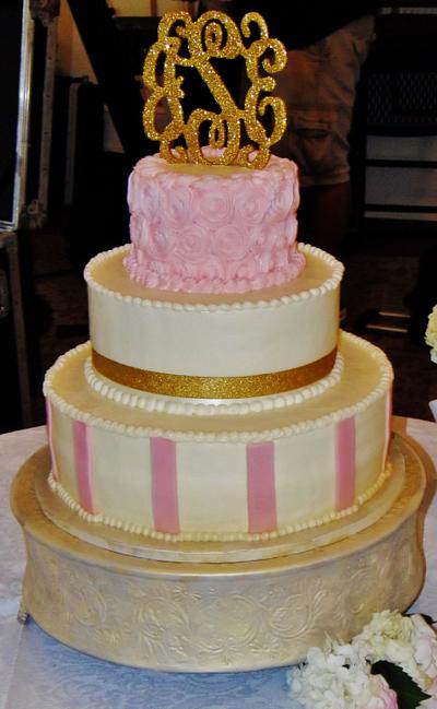 Pink rosette and stripe wedding cake - Cake by Nancys Fancys Cakes & Catering (Nancy Goolsby)