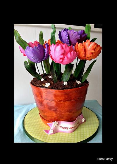 Anniversary Flower Pot With Parrot Tulips - Cake by Bliss Pastry