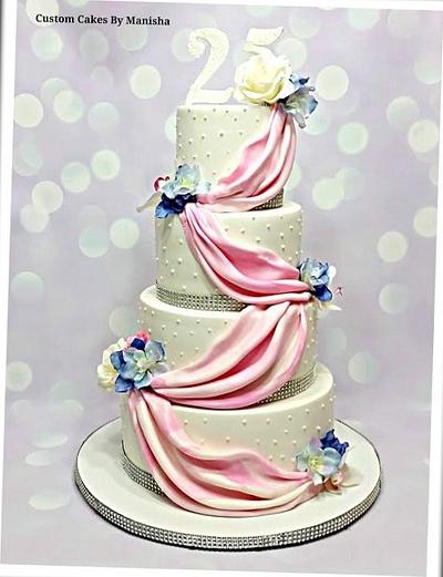25th wedding anniversary cake dressed up in drapery! - Cake by Custom Cakes By Manisha
