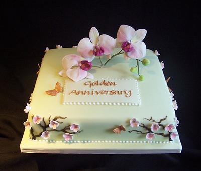 Golden Anniversary with orchids - Cake by Elizabeth Miles Cake Design