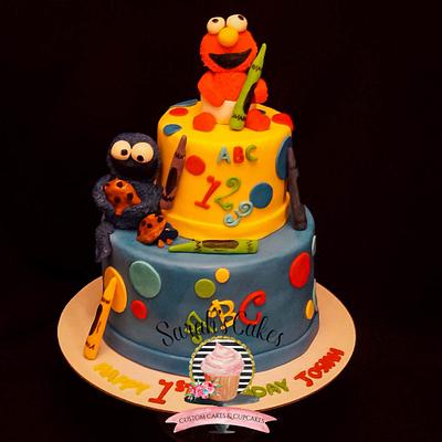 1st Birthday Cake with Baby Elmo and Cookie Monster cake - Cake by Sarah's Cakes