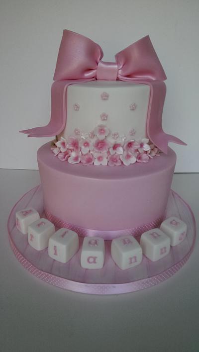 Flowers and bow Christening cake. - Cake by Jenny Dowd