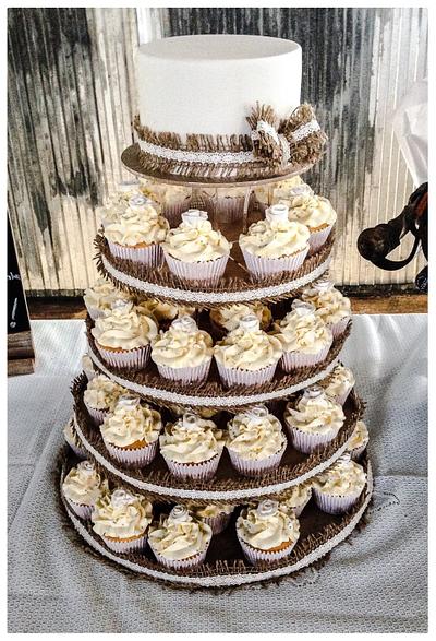 Burlap and Lace cake and cupcake tower - Cake by Nicki Sharp