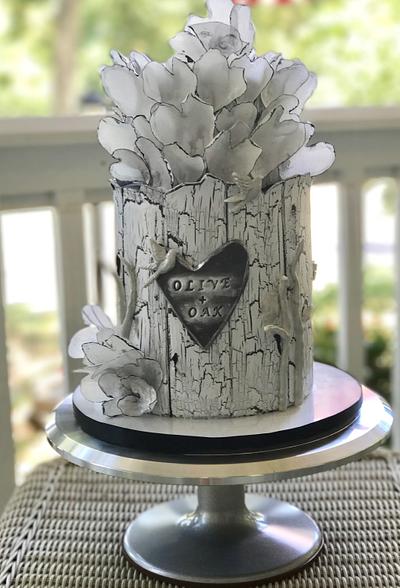 Olive + Oak cake with wafer paper hearts and crackle effect - Cake by Dozycakes