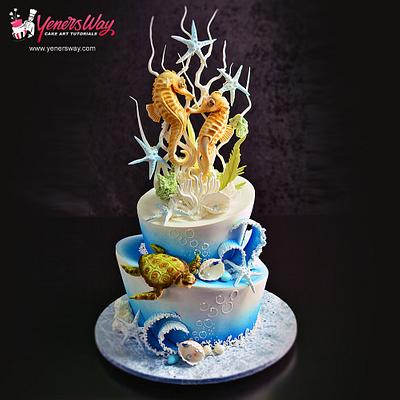 Underwater Scene Cake with Seahorse Couple Topper - Cake by Serdar Yener | Yeners Way - Cake Art Tutorials