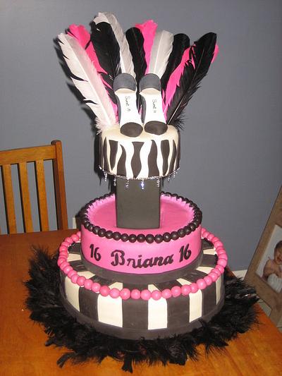 Sweet Sixteen Cake - LIKE ON MTV - Pink and Black Feathers on Column - Cake by Kristen