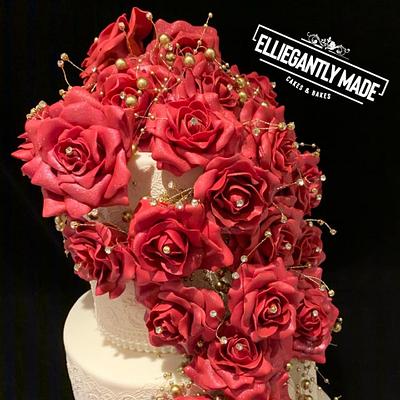 Lace wedding cake with handmade rose cascade - Cake by Elliegantly Made