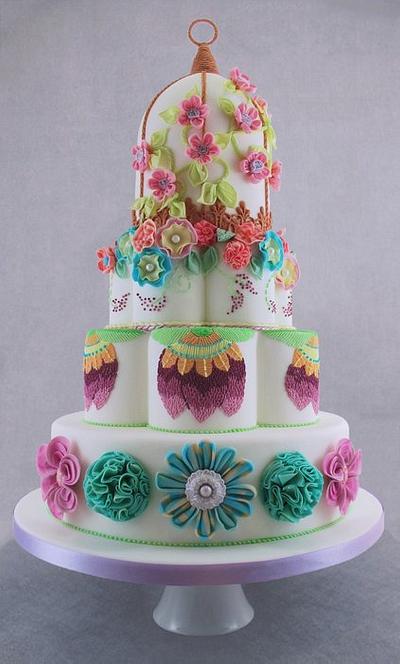 Birdcage Wedding Cake with Fabric Flowers - Cake by Natasha Shomali