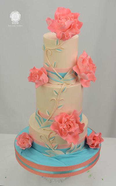 Teal and Coral Wedding Cake - Cake by Sugarpixy