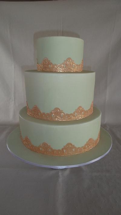 Mint green chocolate & Gold cake lace wedding cake - Cake by MJ'S Cakes