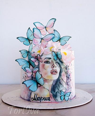 Girl with wafer paper butterflies and flowers - Cake by TortIva