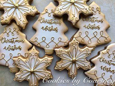 Gold and White Snowflakes and Trees - Cake by CookiesByCourtney