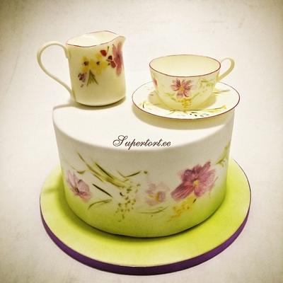Tea cup and cream jug, hand painted cake - Cake by Olga Danilova