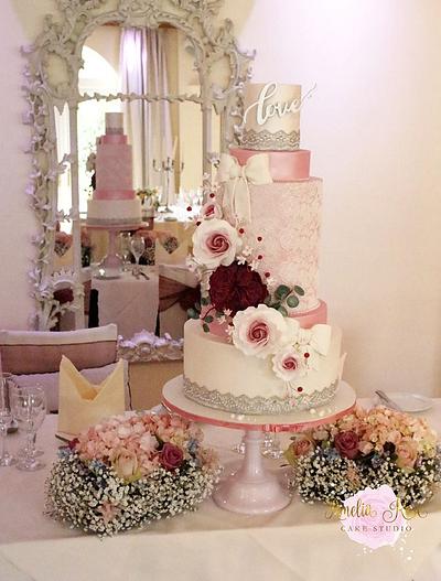 Romantic pink lace wedding cake - Cake by Amelia Rose Cake Studio