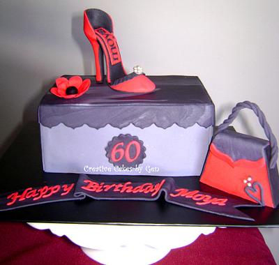 Shoebox Cake with sugar mini high heel & handbag - Cake by Gen