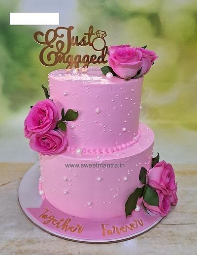 Pink Engagement cream cake with flowers - Cake by Sweet Mantra Homemade Customized Cakes Pune