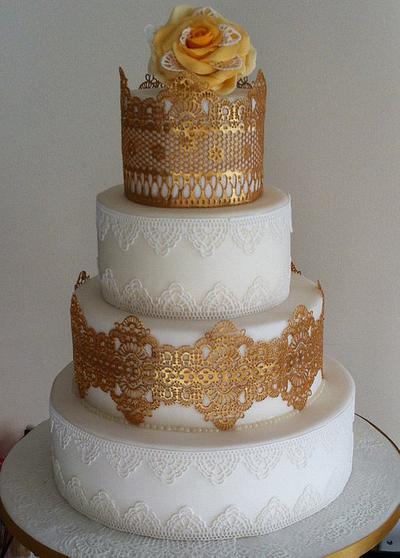 Gold and White Edible Lace Cake - Cake by Gaynor Collingwood