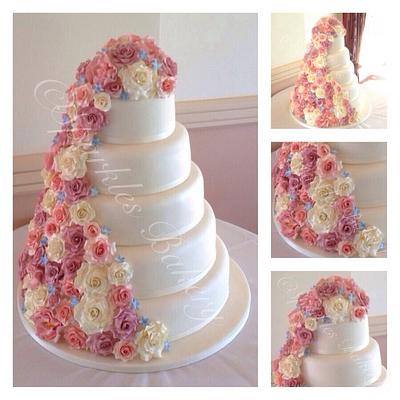 5 tier wedding cake with cascading flowers - Cake by Karen
