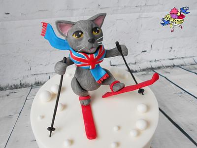 Skiing British Cat with British Scarf  - Cake by Petra Krátká (Petu Cakes)