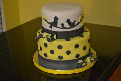 Grey and yellow, polka dots and birds  - Cake by Cakesbylala