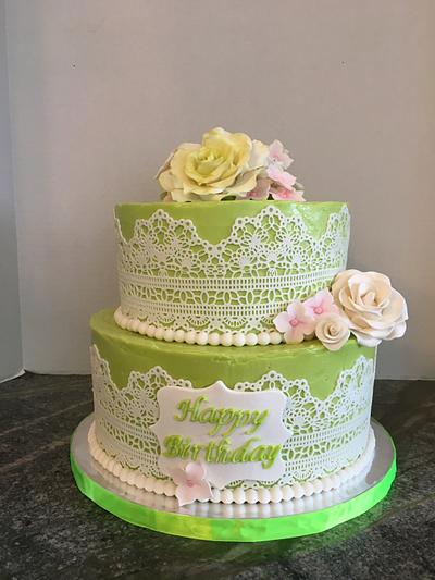 80th Lace on Buttercream - Cake by Sheri C.