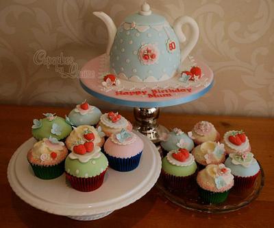 Cath Kidston style teapot cake and matching cupcakes - Cake by CupcakesbyLouise