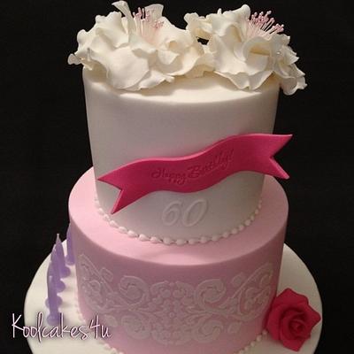 Big white flower & pink rose 60th birthday cake  - Cake by Jen C
