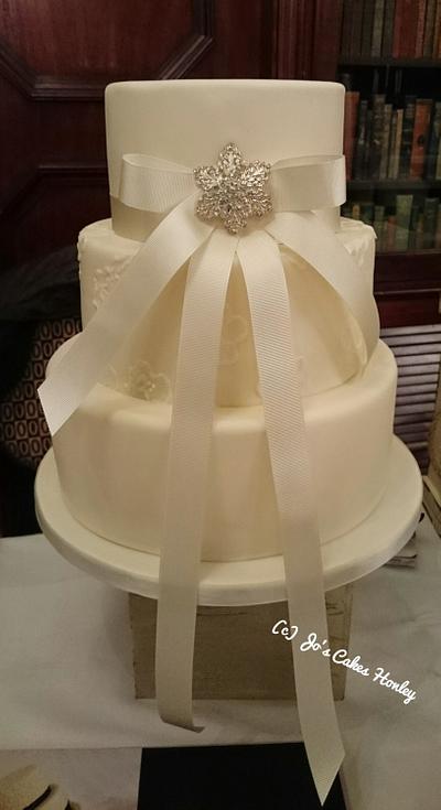 3 tier ivory brooch wedding cake  - Cake by Jo's Cakes