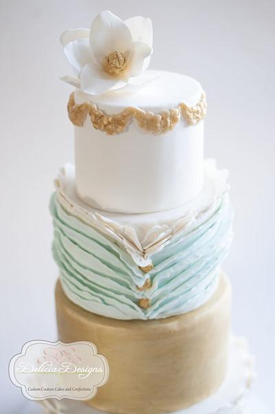 Powder Blue Ruffles & Gold Magnolia - Cake by Delicia Designs