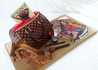 LV Damier Purse Cake with Leopard Shoe - Cake by DeliciousDeliveries