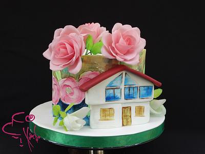 Home and roses - hand painted cake  - Cake by Diana