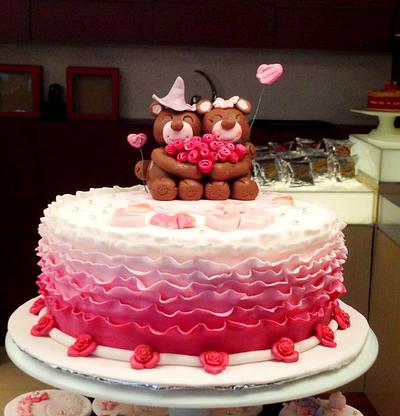 pink ombre cake with teddy bears - Cake by three lights cakes
