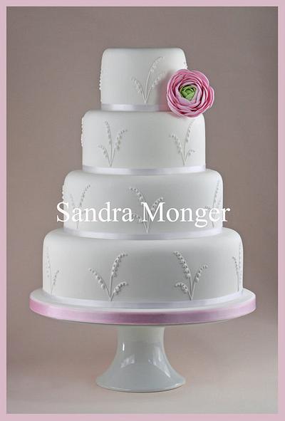 Simple Ranunculus and Piped Cake - Cake by Sandra Monger