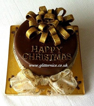 Chocolate Christmas Cake with gold ribbons - Cake by Alli Dockree