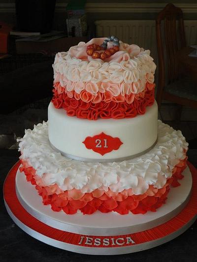 coral ruffle petal ombre birthday cake shamballa bracelet  - Cake by Krumblies Wedding Cakes