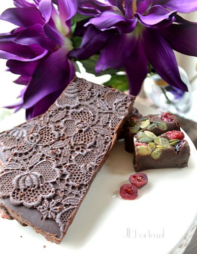 gorgeous belgium chocolate with granberries, orangezest, and lace - Cake by Judith-JEtaarten