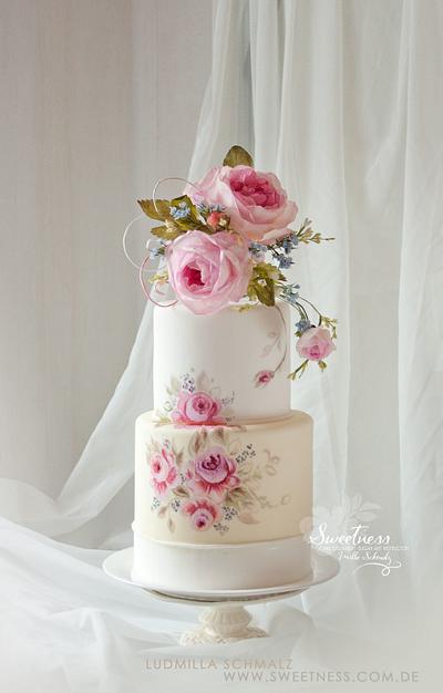 Painted Roses Cake with Wafer Paper Bouquet - Cake by Ludmilla Gruslak