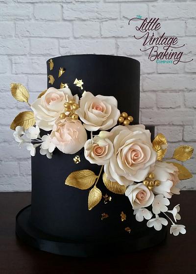 Black, Blush and Gold Floral Wedding Cake - Cake by Ashley Barbey