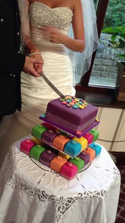 Brightly coloured Mini Square Cakes and matching top cake - Cake by Swirly sweet
