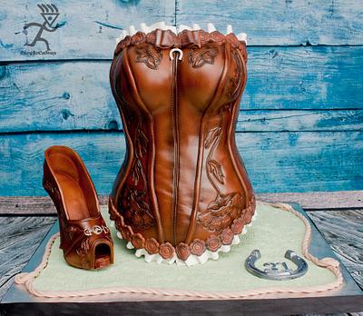 Western Tooled Leather Standing Corset Cake with matching stiletto - Cake by Ciccio 