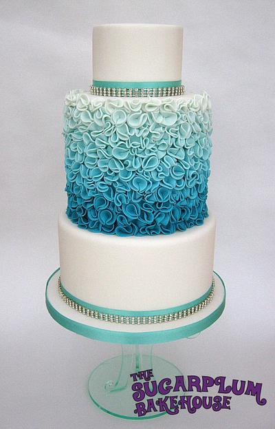 Turquoise Ombre Ruffle Style 3 Tier Wedding Cake - Cake by Sam Harrison