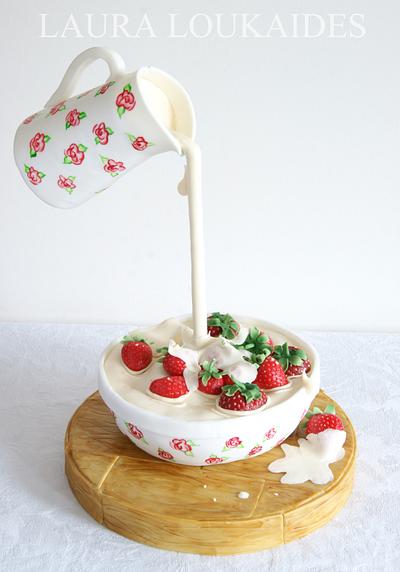 Strawberries & Cream Gravity Defying Cake - Cake by Laura Loukaides