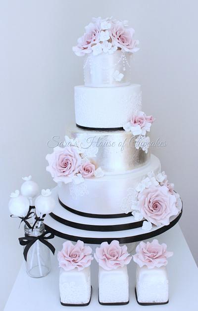 Vintage/shabby chic wedding cake with matching mini cakes and cake pops - Cake by Sara's House of Cupcakes